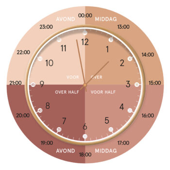 Hippe leerklok Earthy Orange Dutch Sprinkles houten frame koperen wijzers