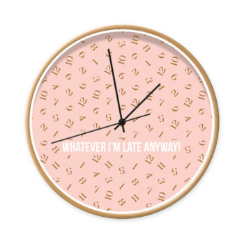 Klok Whatever I'm late Pink met houtlook frame & zwarte wijzers van Dutch Sprinkles.jpg