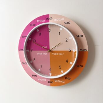 Klok SALE Hippe Leerklok Glossy Pink productafbeelding Dutch Sprinkles - wit frame gouden wijzers